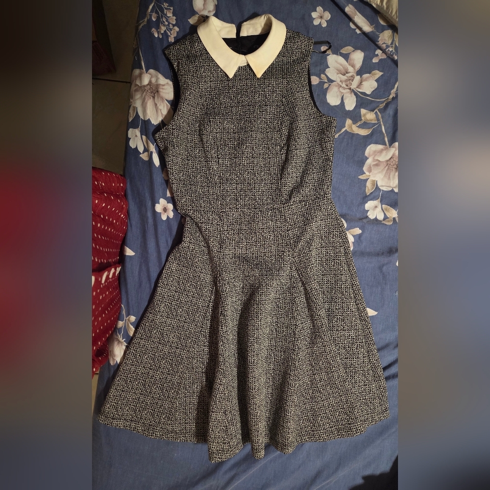 Sleeveless Black & White Tweed Midi Dress with Cream Collar